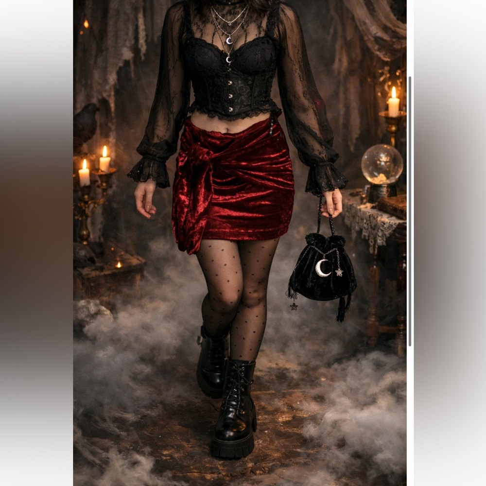 NWT Missguided Mini Tie Front Velvet Skirt deep Red Size US 6 Whimsy goth